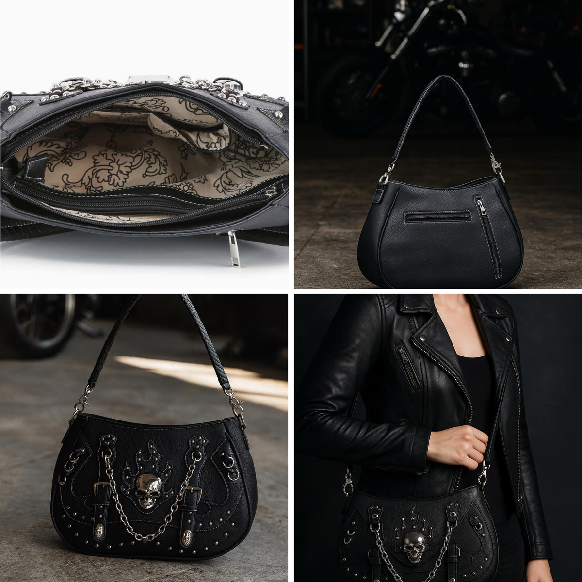 Black Faux Leather Skull Handbag: Studded Biker Style Shoulder Bag