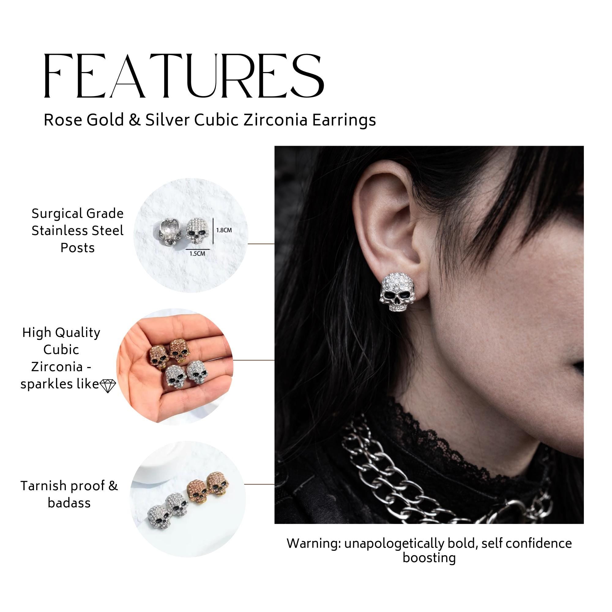 Cubic Zirconia Skull Stud Earrings, Silver or Rose Gold Goth Jewelry, Edgy Biker Punk