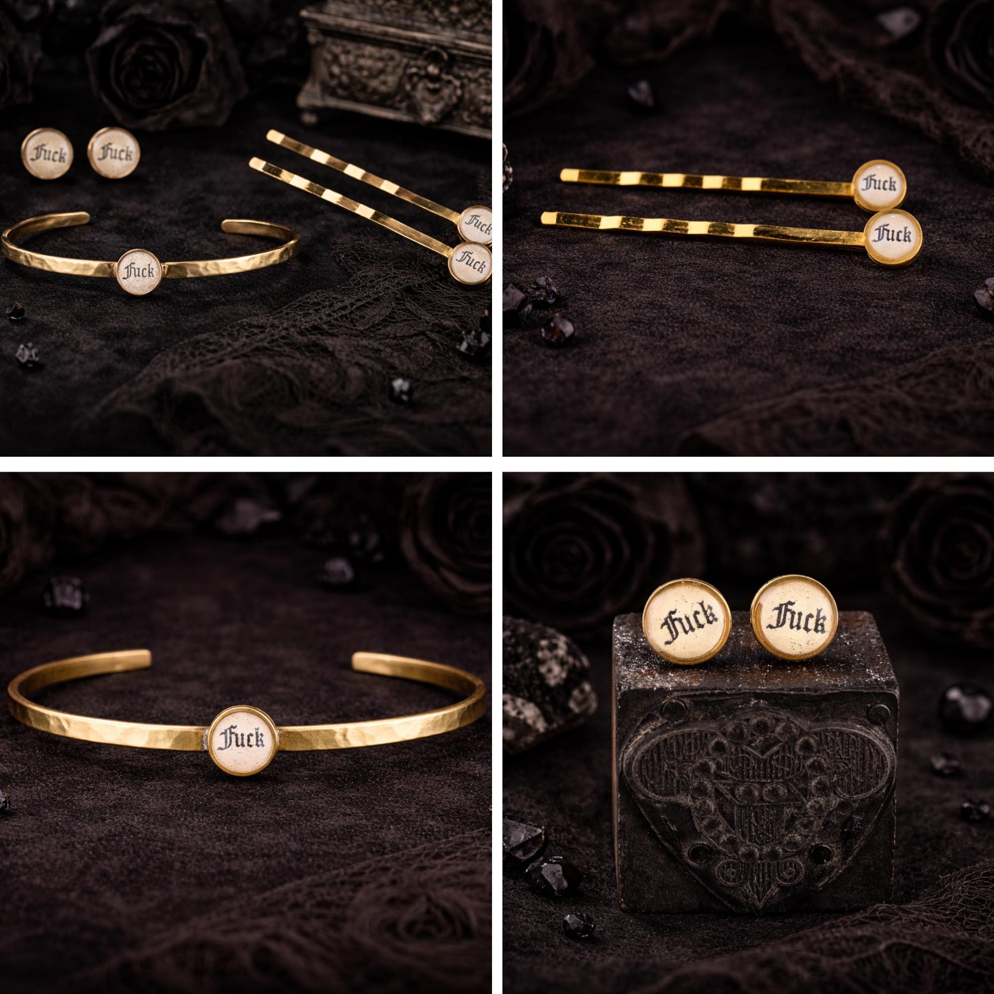 Fuck Jewelry Set, Brass Cuff Bracelet Stud Earrings Bobby Pins, Edgy Swear Word Statement Jewelry Gift