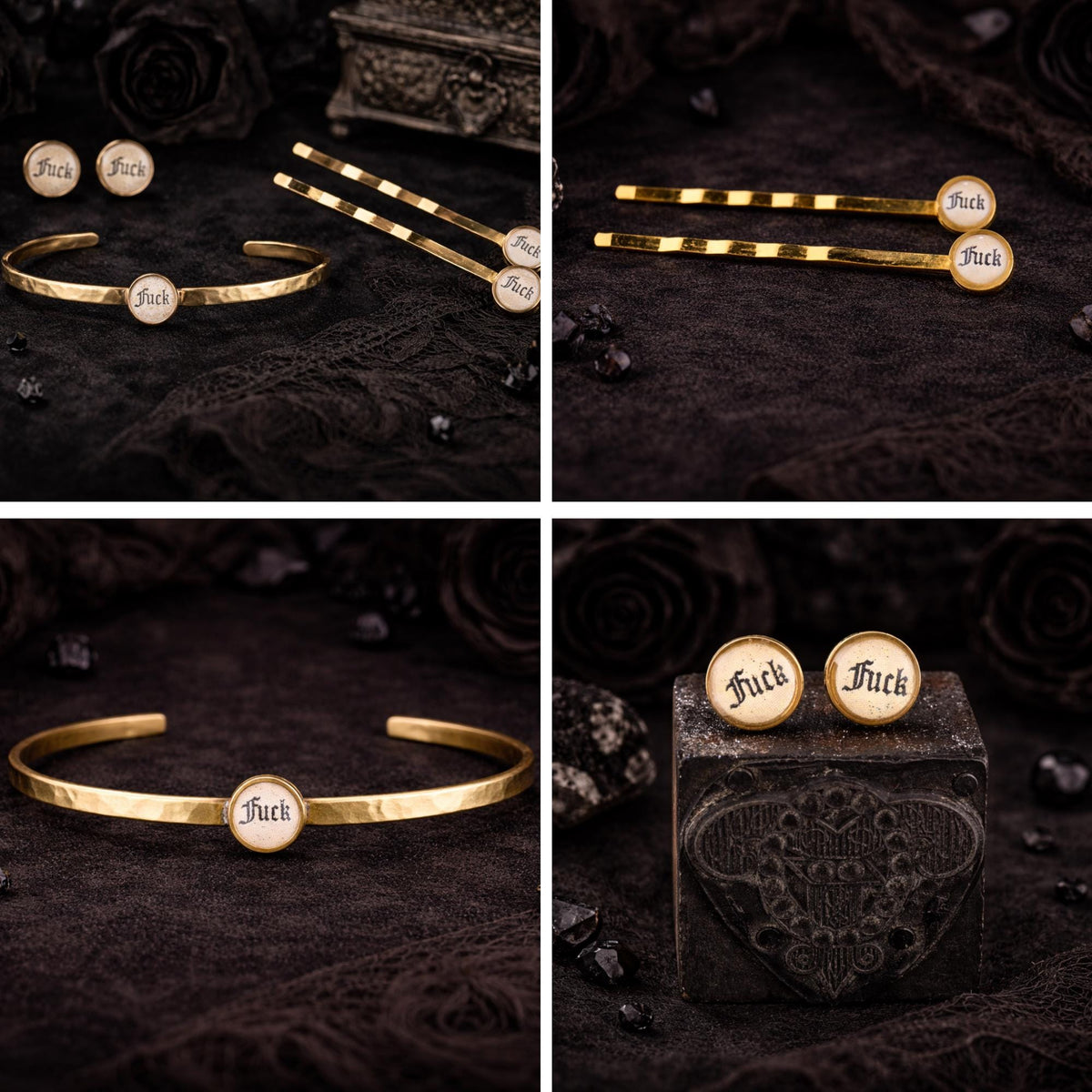 Edgy Brass Jewelry Set, Swear Word Cuff Bracelet, Stud Earrings, Bobby Pins