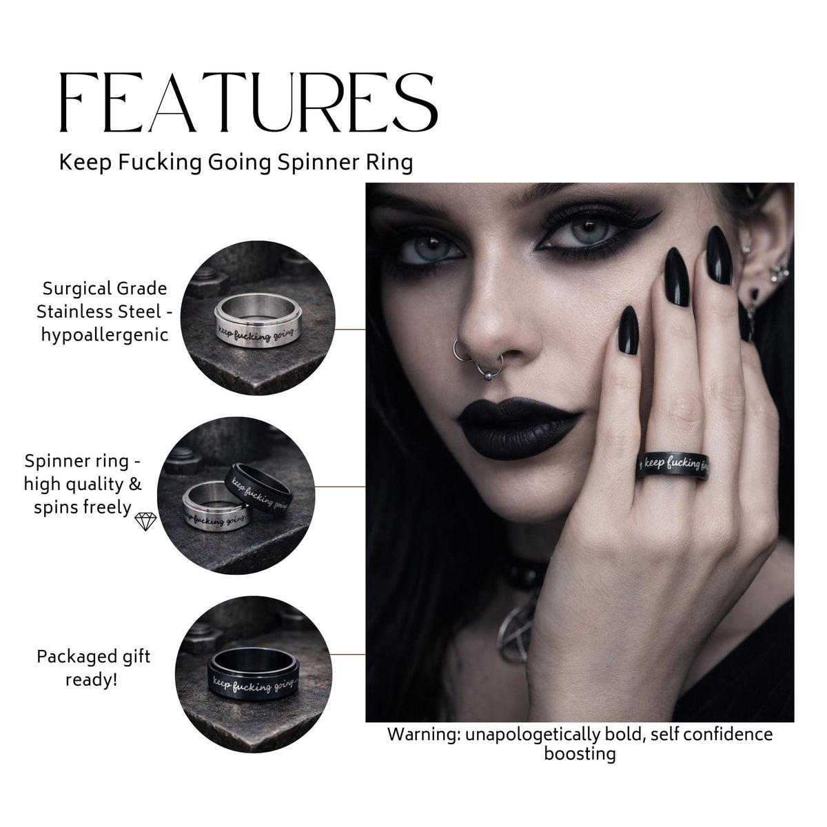 Keep Fucking Going Spinner Ring, Stainless Steel Rotating Motivational Ring for Women