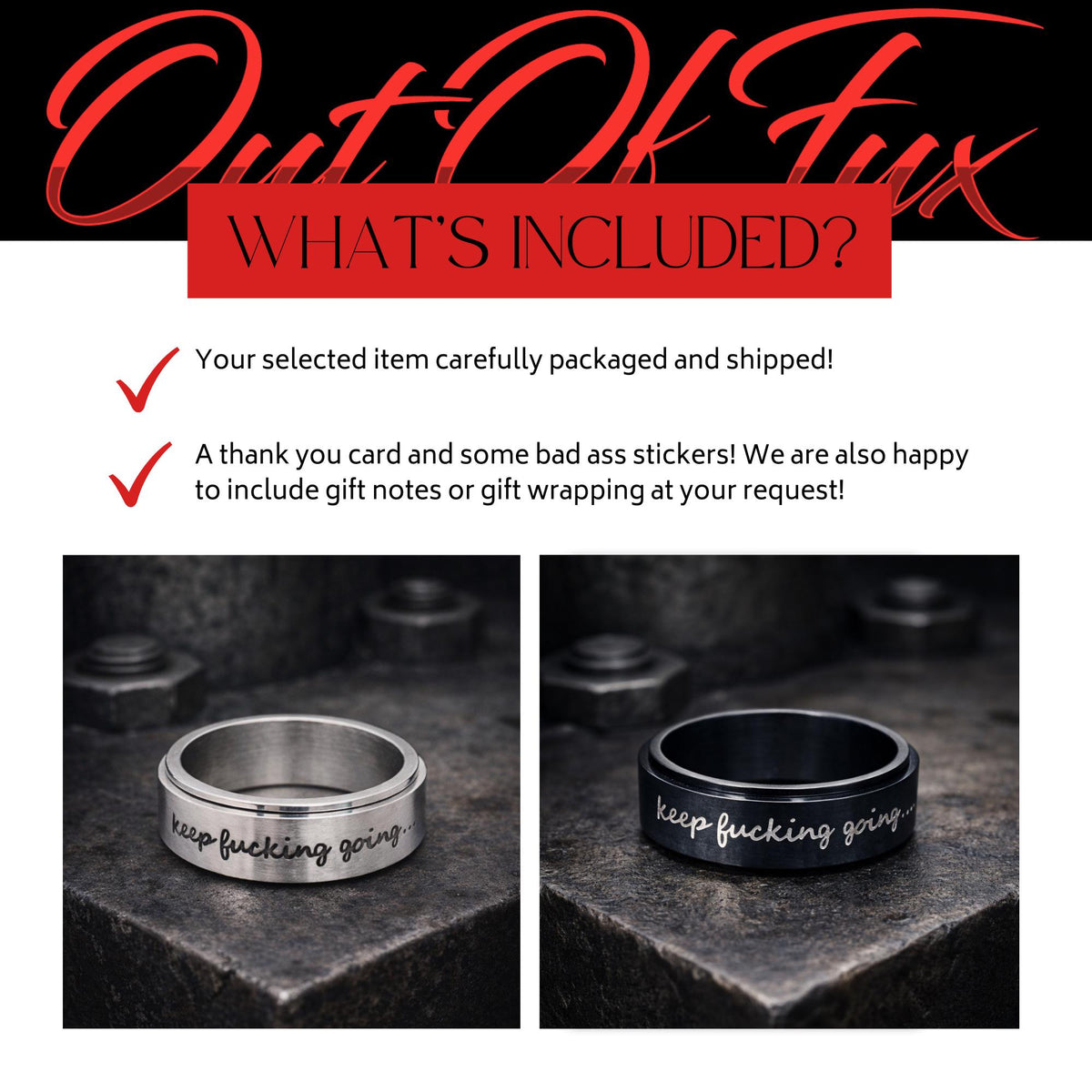 Keep Fucking Going Spinner Ring, Stainless Steel Rotating Motivational Ring for Women