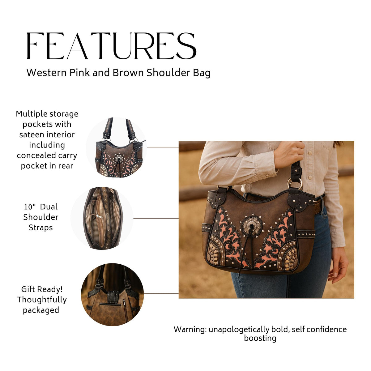 Western Faux Leather Cowgirl Shoulder Bag with Concho and Secure Back Pocket