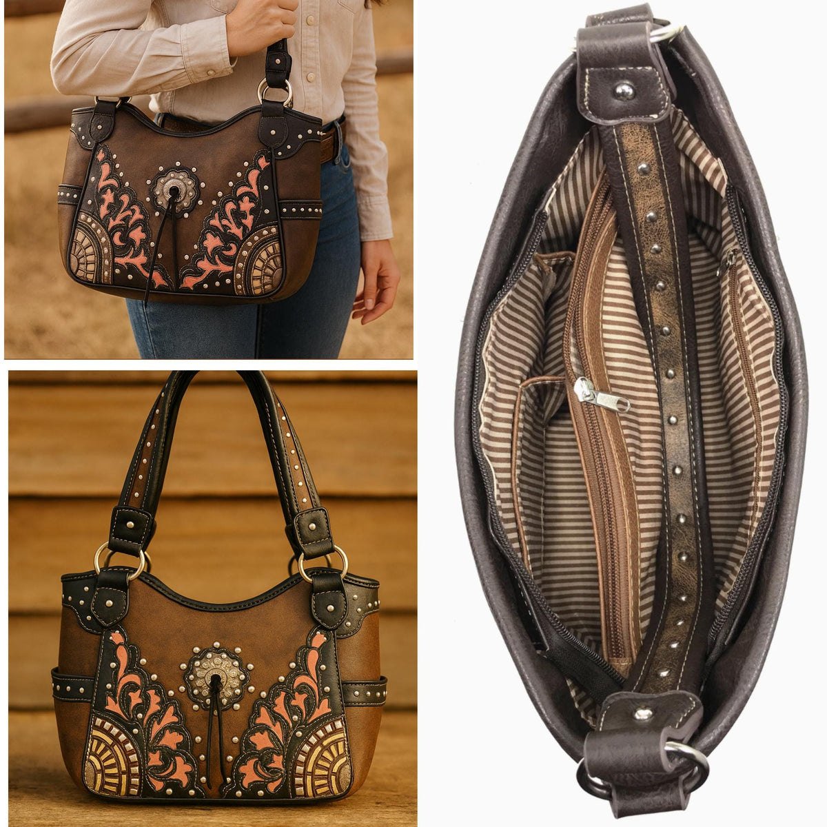 Western Faux Leather Cowgirl Shoulder Bag with Concho and Secure Back Pocket