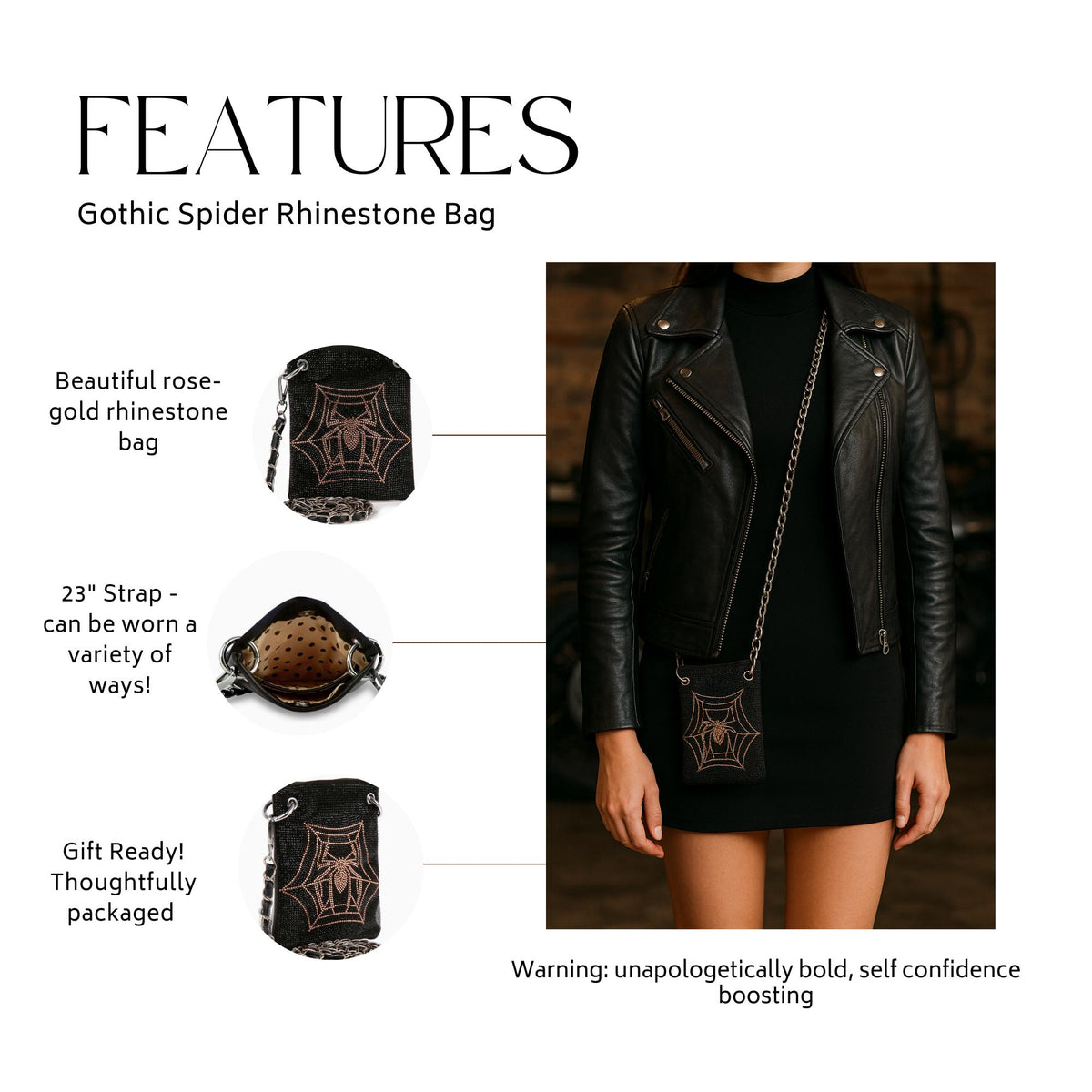 Rose Gold Spider Crossbody: Rhinestone Glam Goth Statement Bag