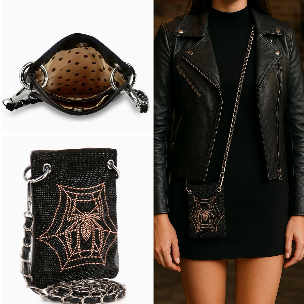 Rose Gold Spider Crossbody: Rhinestone Glam Goth Statement Bag