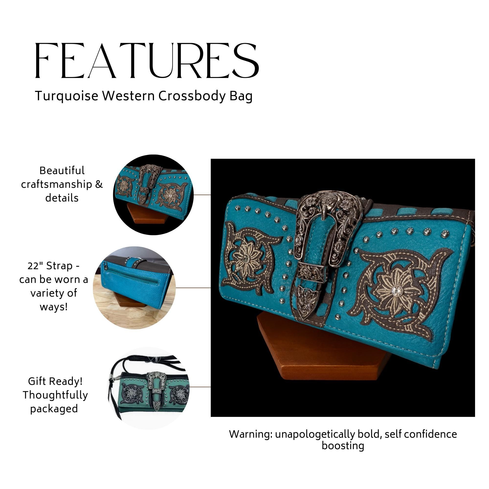 Turquoise Western Crossbody Wallet: Tri Fold Design with Strap