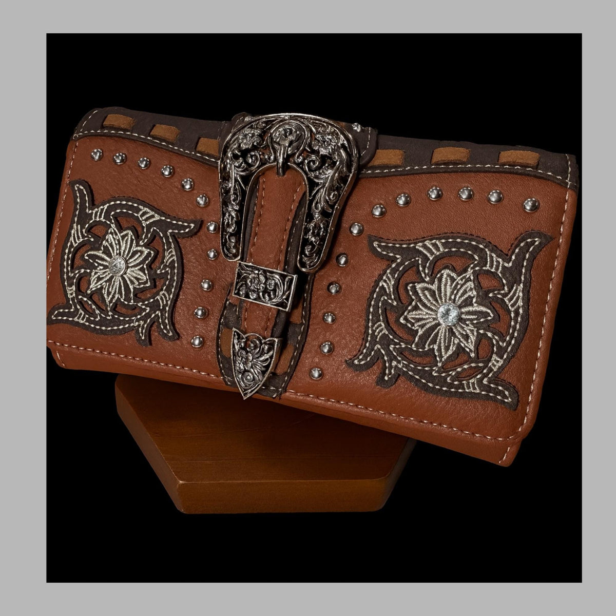 Brown Western Crossbody Wallet: Tri Fold Design with Strap