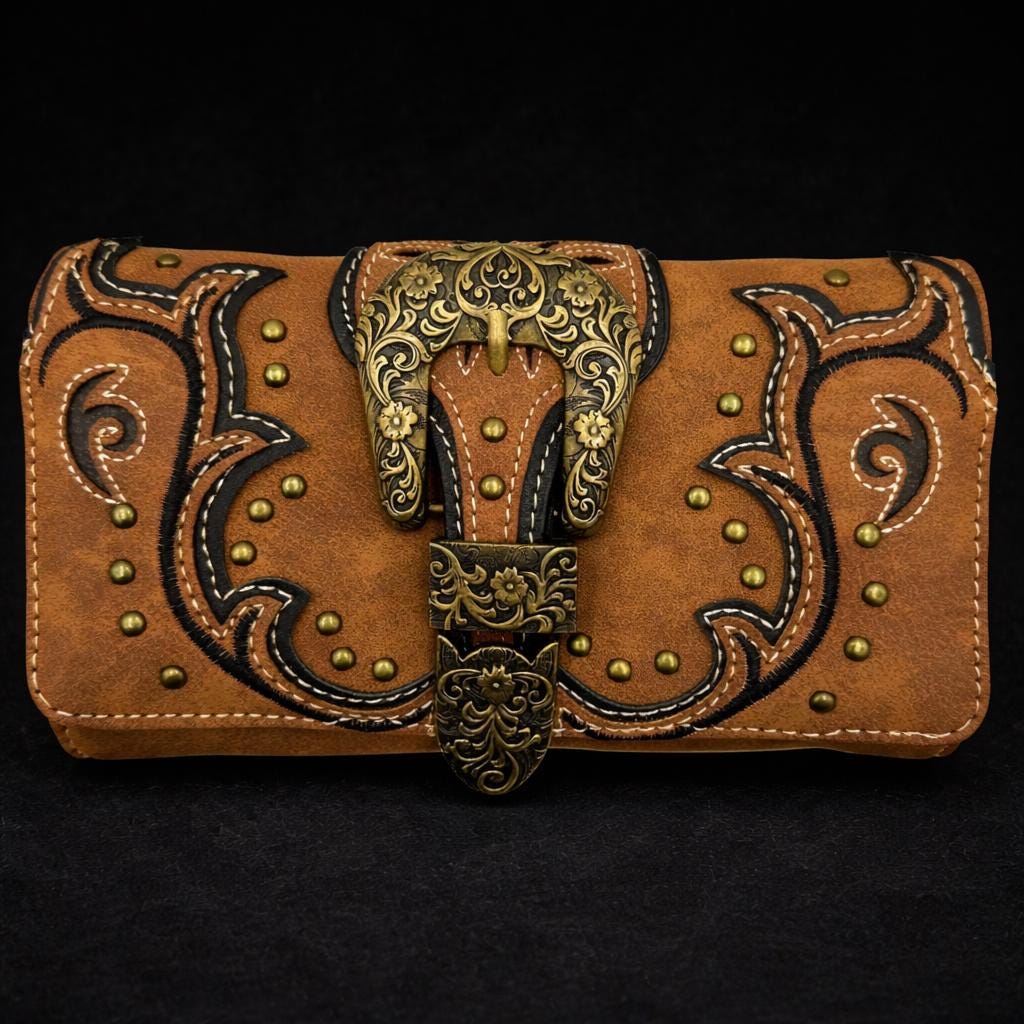 Tooled Leather Buckle Crossbody Wallet: Western Trifold Purse for Phone and Cards