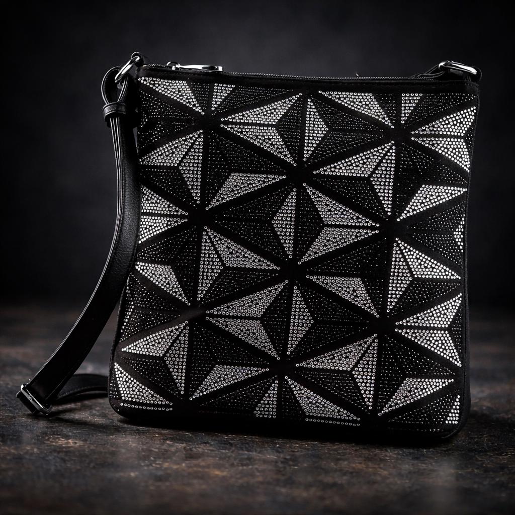 Geometric Rhinestone Crossbody Bag in Vegan Leather: Lightweight Glam Purse with Pockets