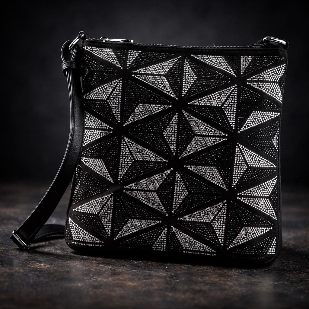 Geometric Rhinestone Crossbody Bag in Vegan Leather: Lightweight Glam Purse with Pockets