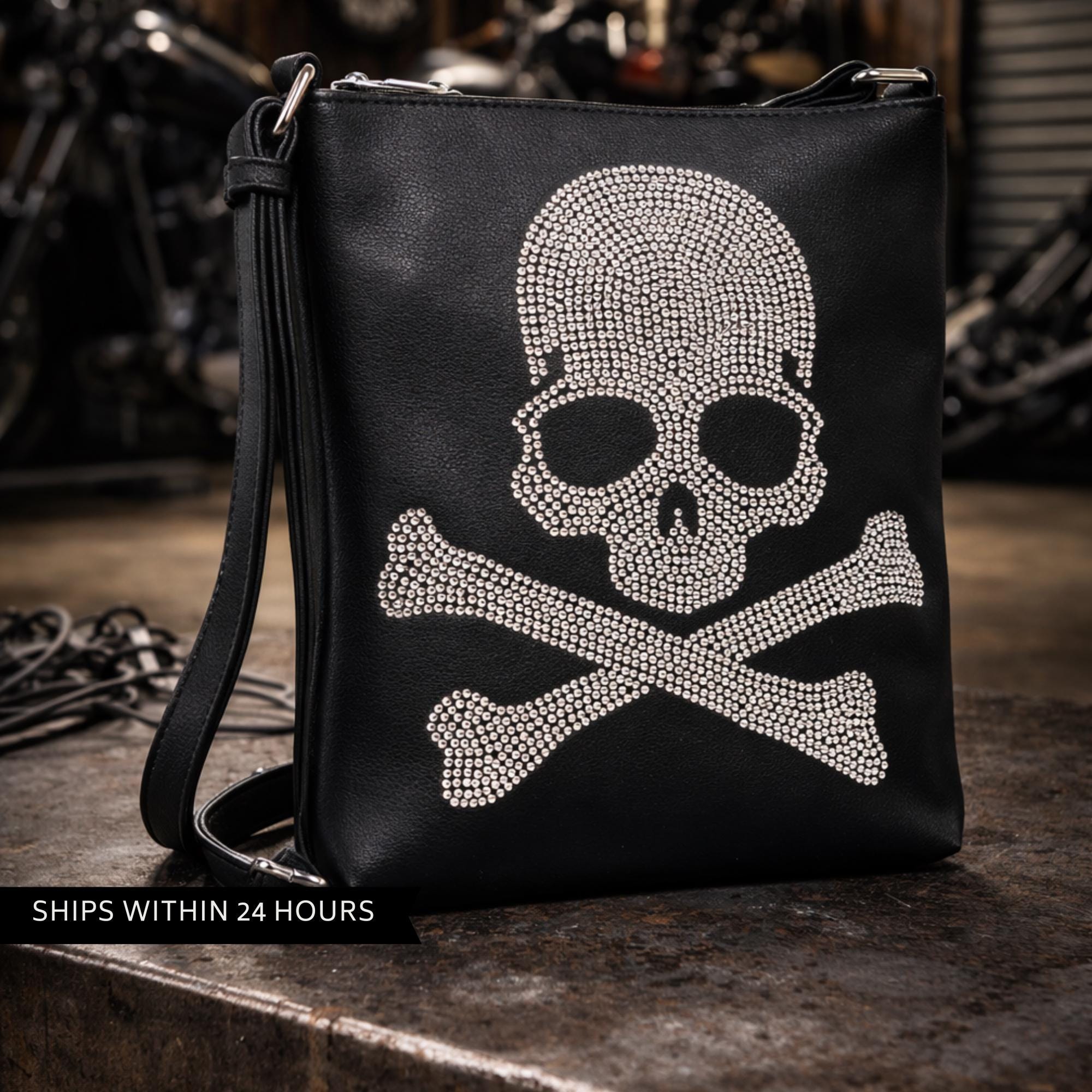 Rhinestone Skull Crossbody Bag, Edgy Black Faux Leather Statement Purse for Concerts and Night Out Looks