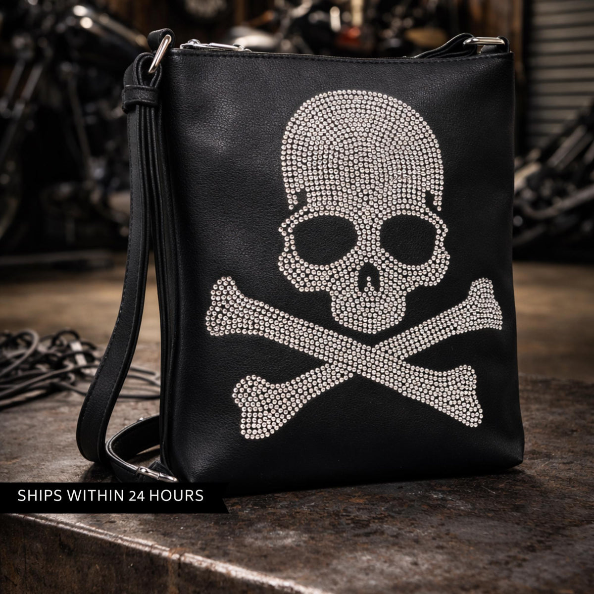 Rhinestone Skull Crossbody Bag, Edgy Faux Leather Purse
