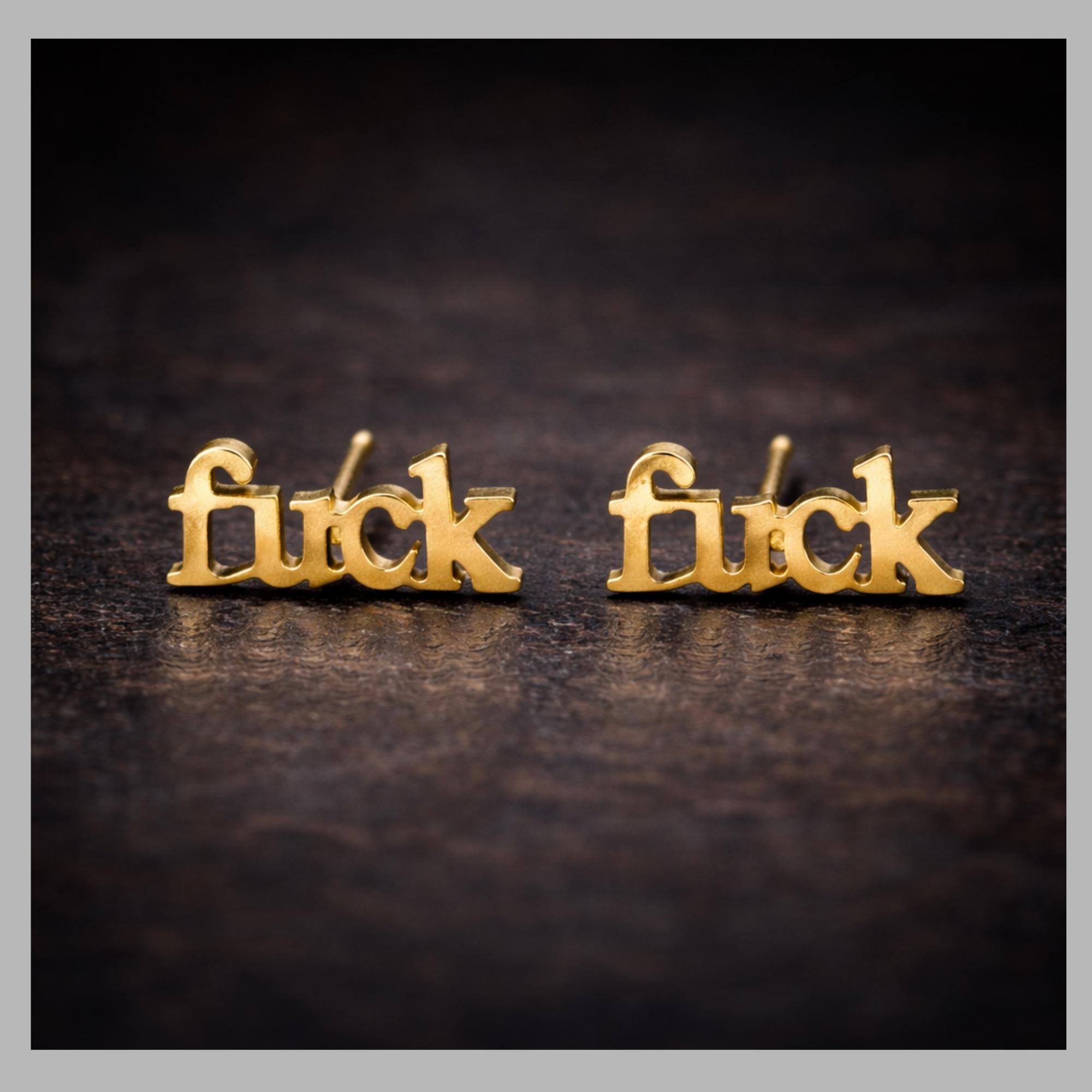 Gold Fuck Stud Earrings, Minimal Script Statement Jewelry