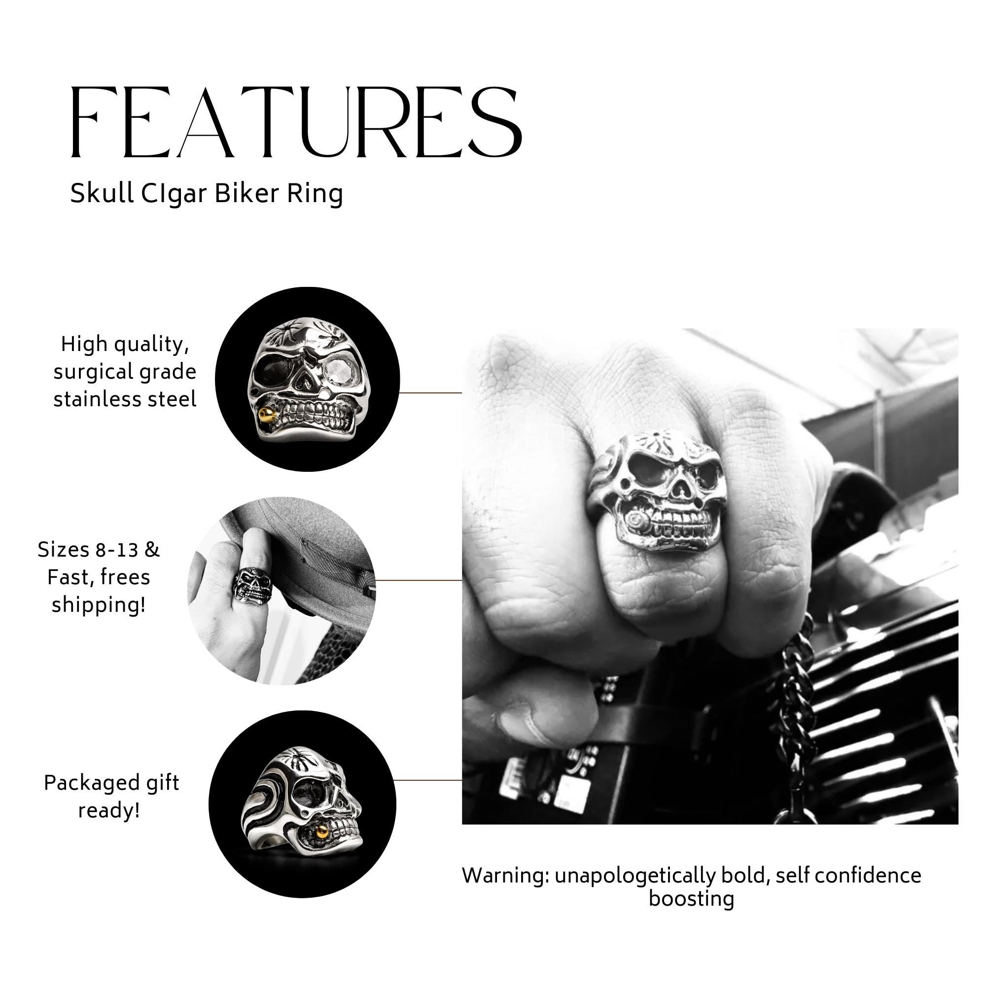 Skull Biker Ring with Cigar: Titanium Gothic Statement Ring for Men