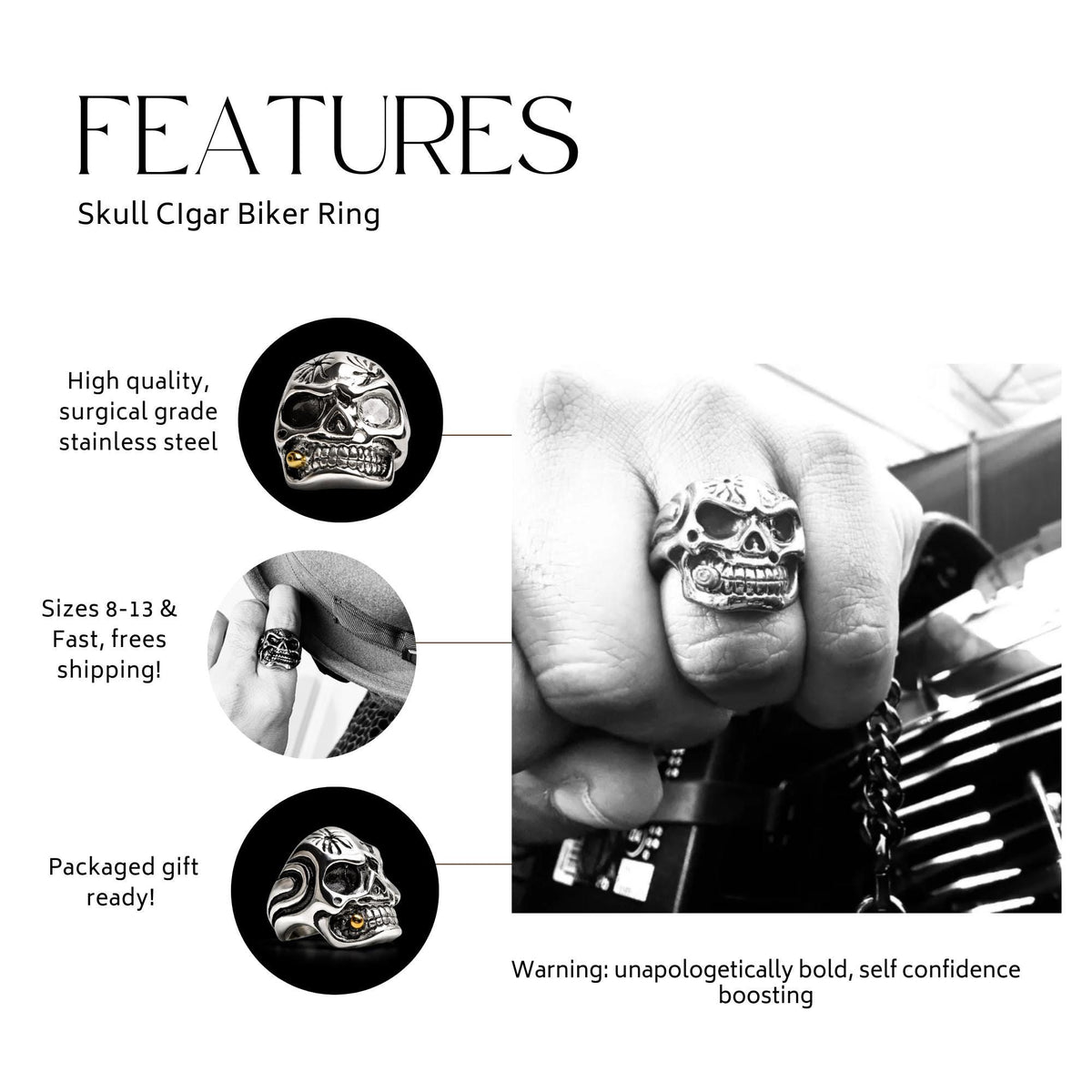 Skull Biker Ring with Cigar: Titanium Gothic Statement Ring for Men