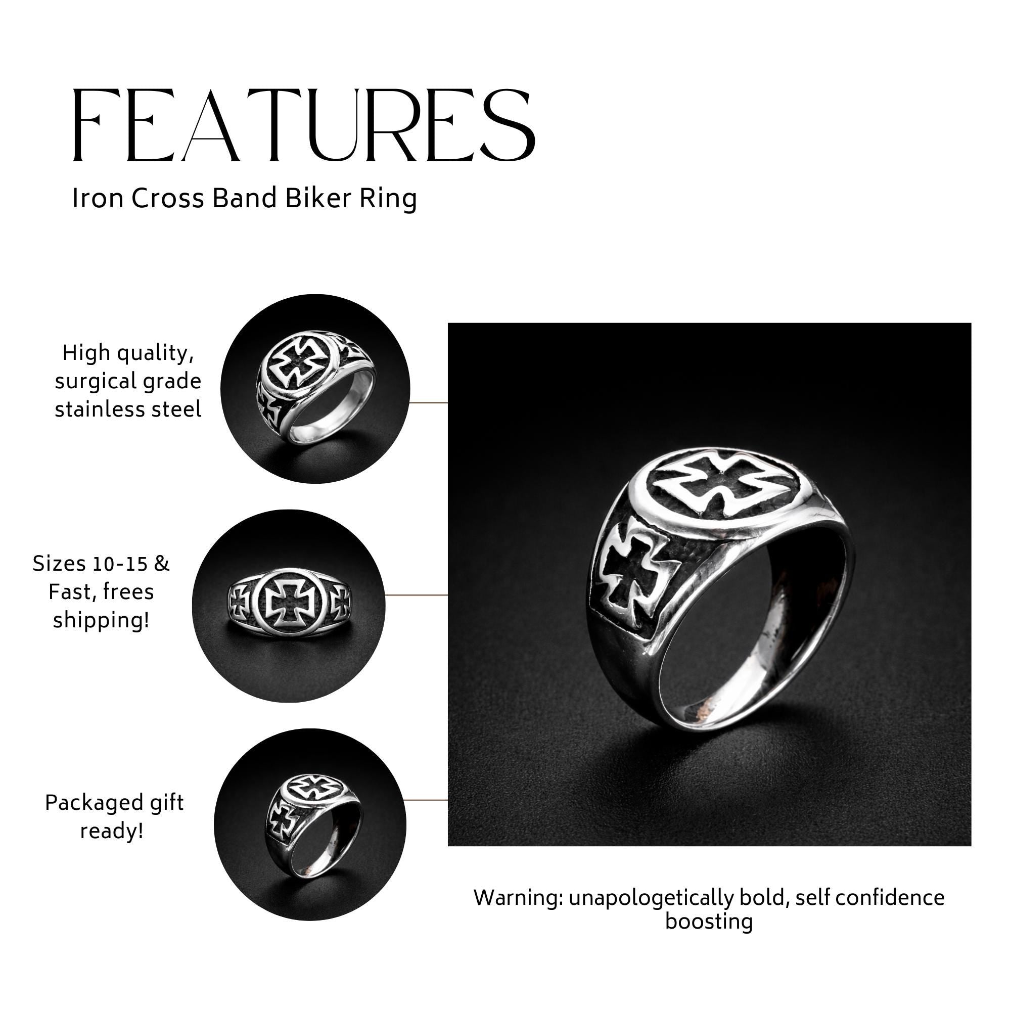Iron Cross Shield Ring for Men, Stainless Steel Gothic Statement Ring