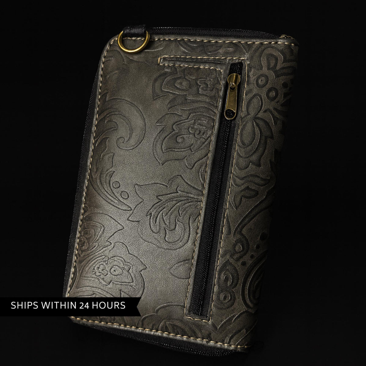 Tooled Black Leather Crossbody Bag: Western Style, Card Slots