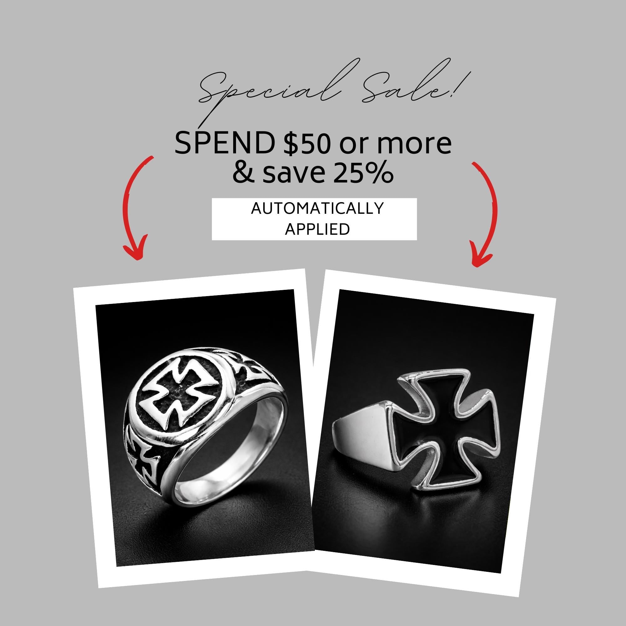 Black Iron Cross Ring for Men, Stainless Steel Gothic Statement Ring