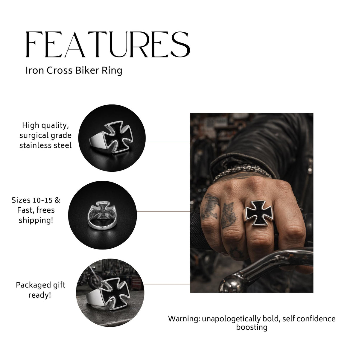 Black Iron Cross Ring for Men, Stainless Steel Gothic Statement Ring