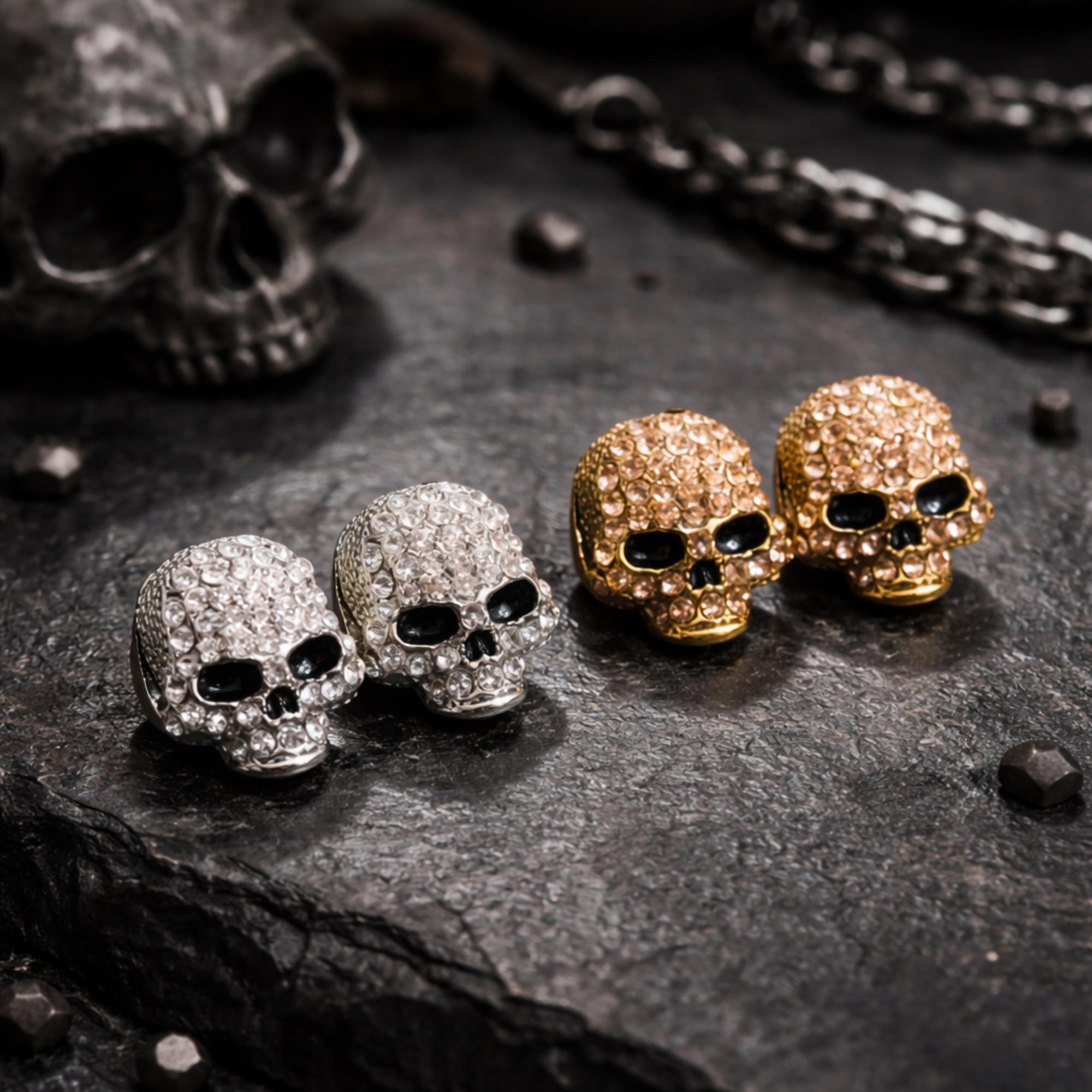 Cubic Zirconia Skull Stud Earrings, Silver or Rose Gold Goth Jewelry, Edgy Biker Punk