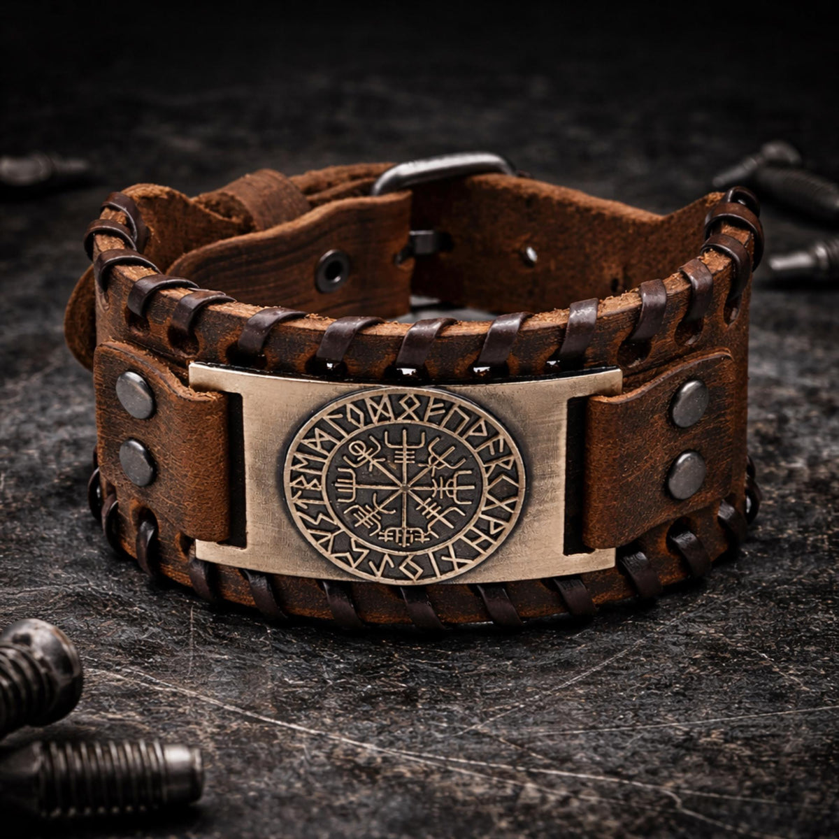 Men’s Viking Leather Cuff Bracelet with Norse Compass, Medieval Warrior Wristband