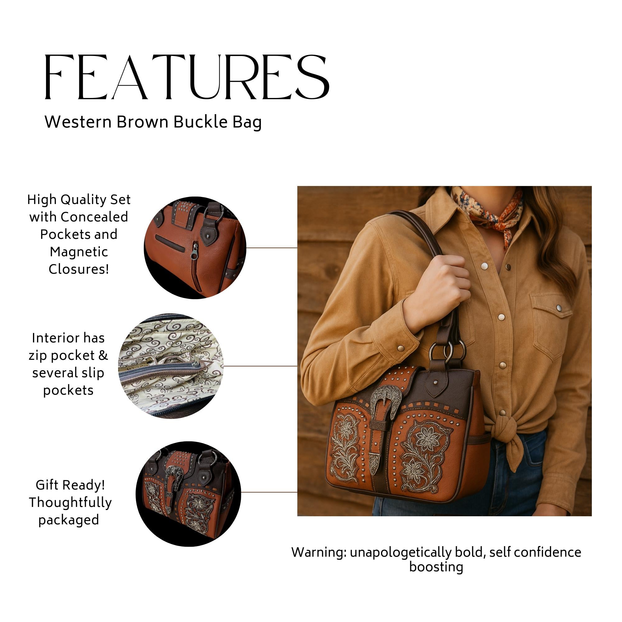 Brown Western Handbag with Buckle Details
