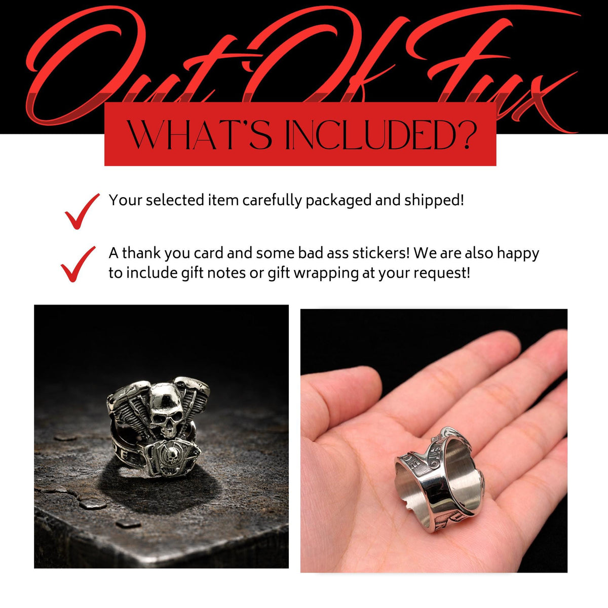 Stainless Steel Motorcycle Skull Ring, Men’s Biker Ring with Engine Detail