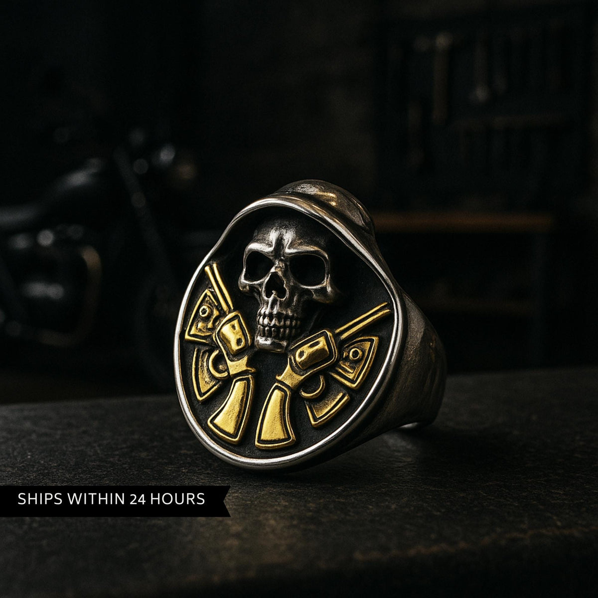 Stainless Steel Biker Skull Ring with 18K Gold Detail, Men’s Statement Ring