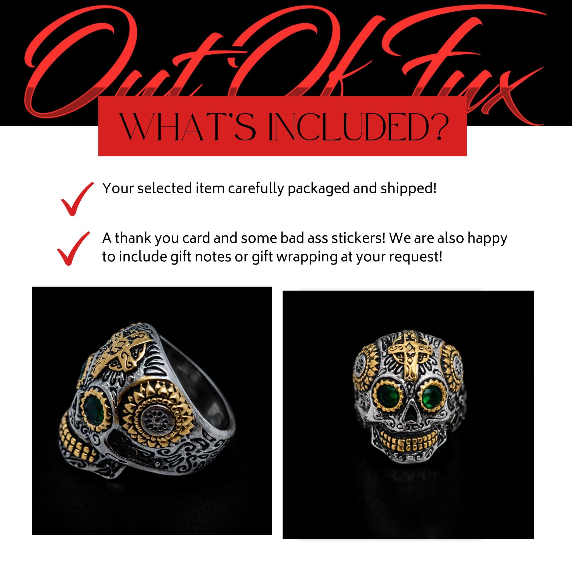 Mens Sugar Skull Ring with Green Stone, Chunky Biker Skull Ring for Motorcycle Style