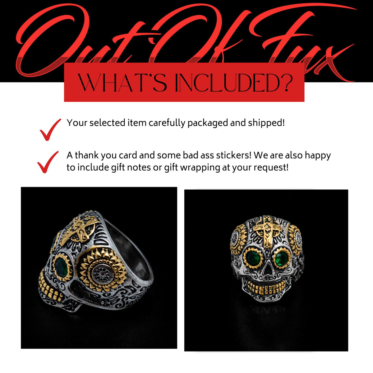 Mens Sugar Skull Ring with Green Stone, Chunky Biker Skull Ring for Motorcycle Style