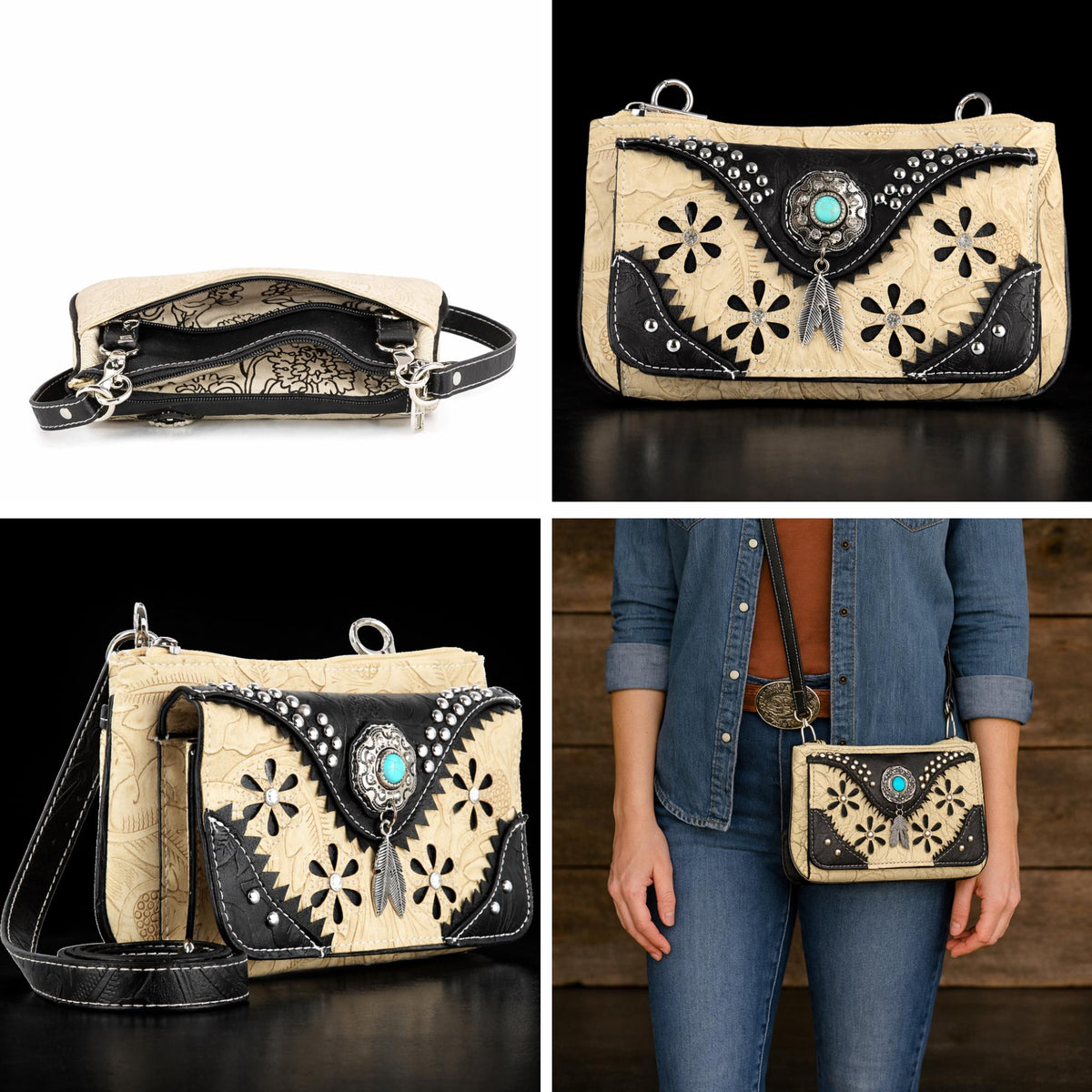 Western Floral Embossed Crossbody Bag: Faux Leather Cowgirl Purse with Turquoise Concho