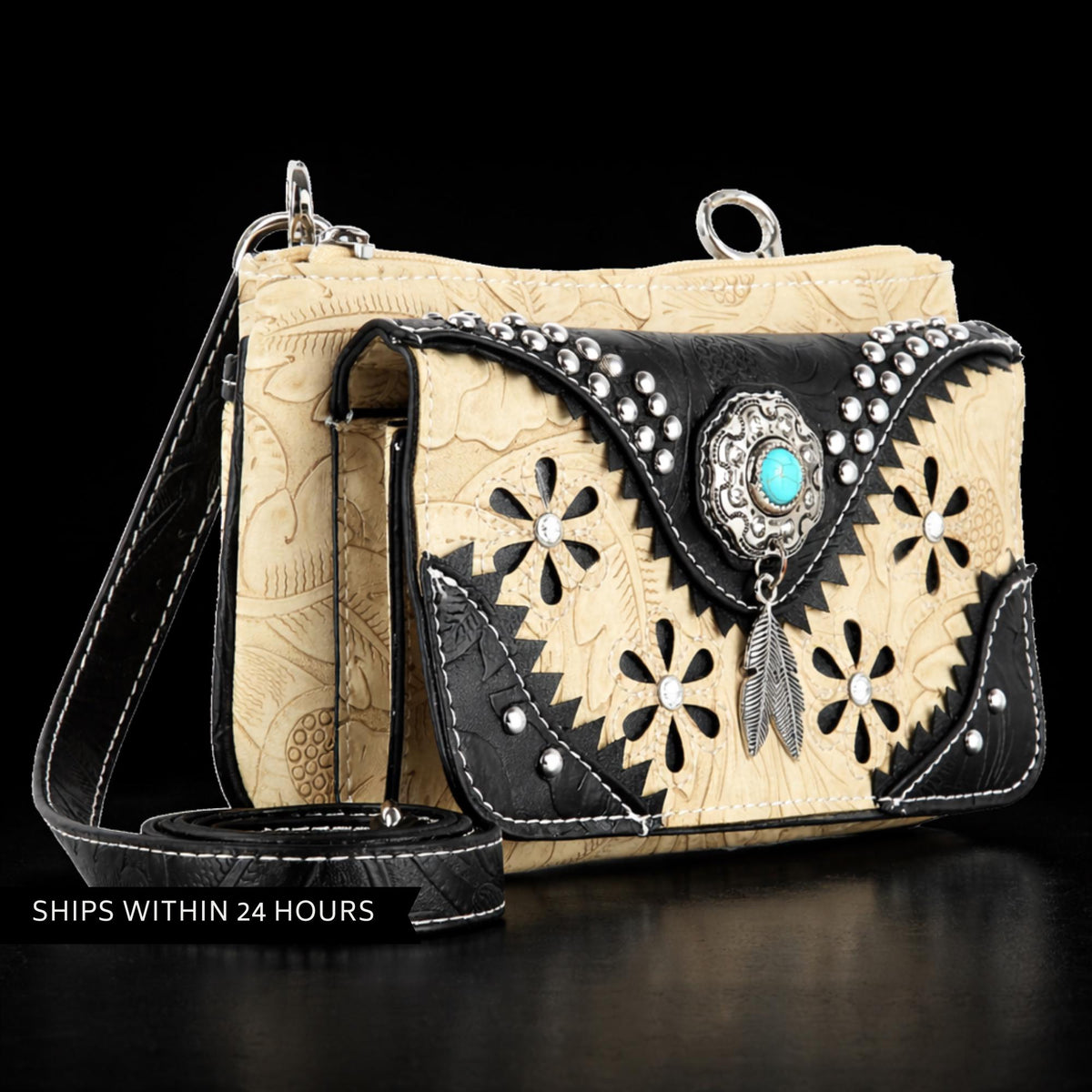Western Floral Embossed Crossbody Bag: Faux Leather Cowgirl Purse with Turquoise Concho
