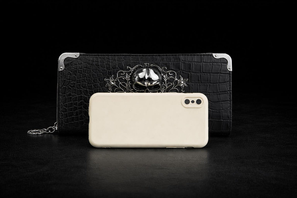 Goth Faux Leather Wallet with Skull Hardware: Compact Accordion Card Holder