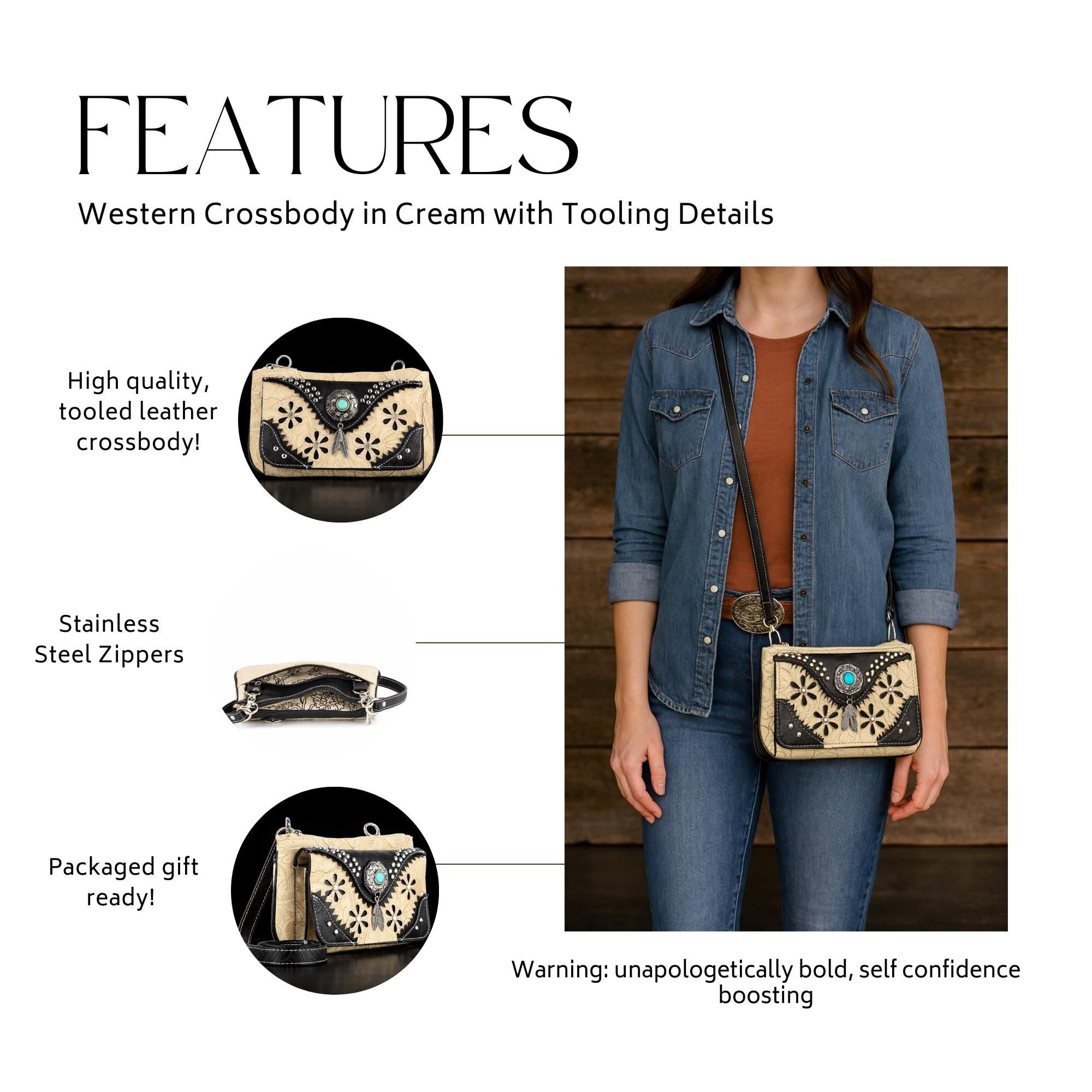 Western Floral Embossed Crossbody Bag: Faux Leather Cowgirl Purse with Turquoise Concho