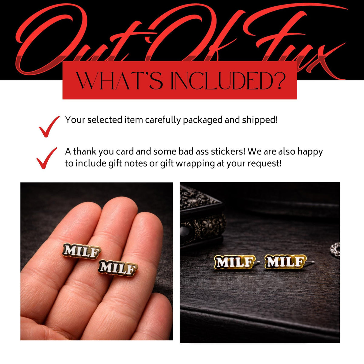 Gold and White MILF Stud Earrings, Funny Stainless Steel Statement Earrings