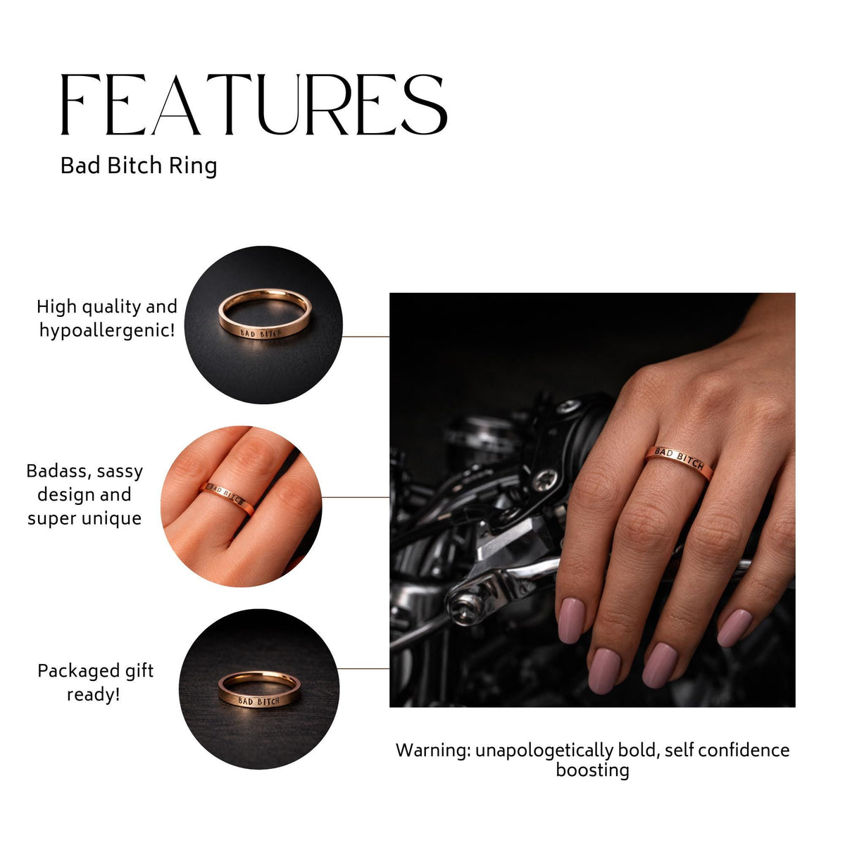 Rose Gold Bad Bitch Ring, Minimalist Stainless Steel Swear Word Band