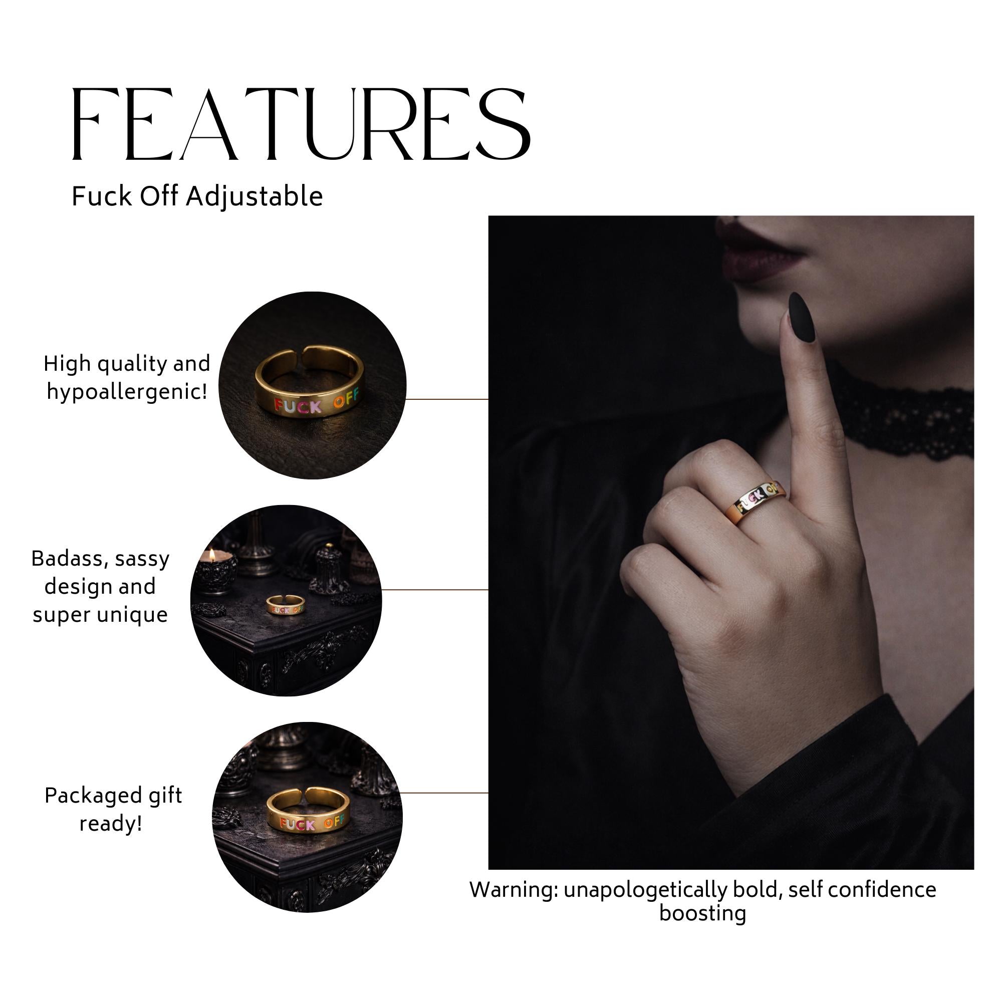 Colorful Fuck Off Ring, Gold Adjustable Statement Jewelry with Bold Swear Word