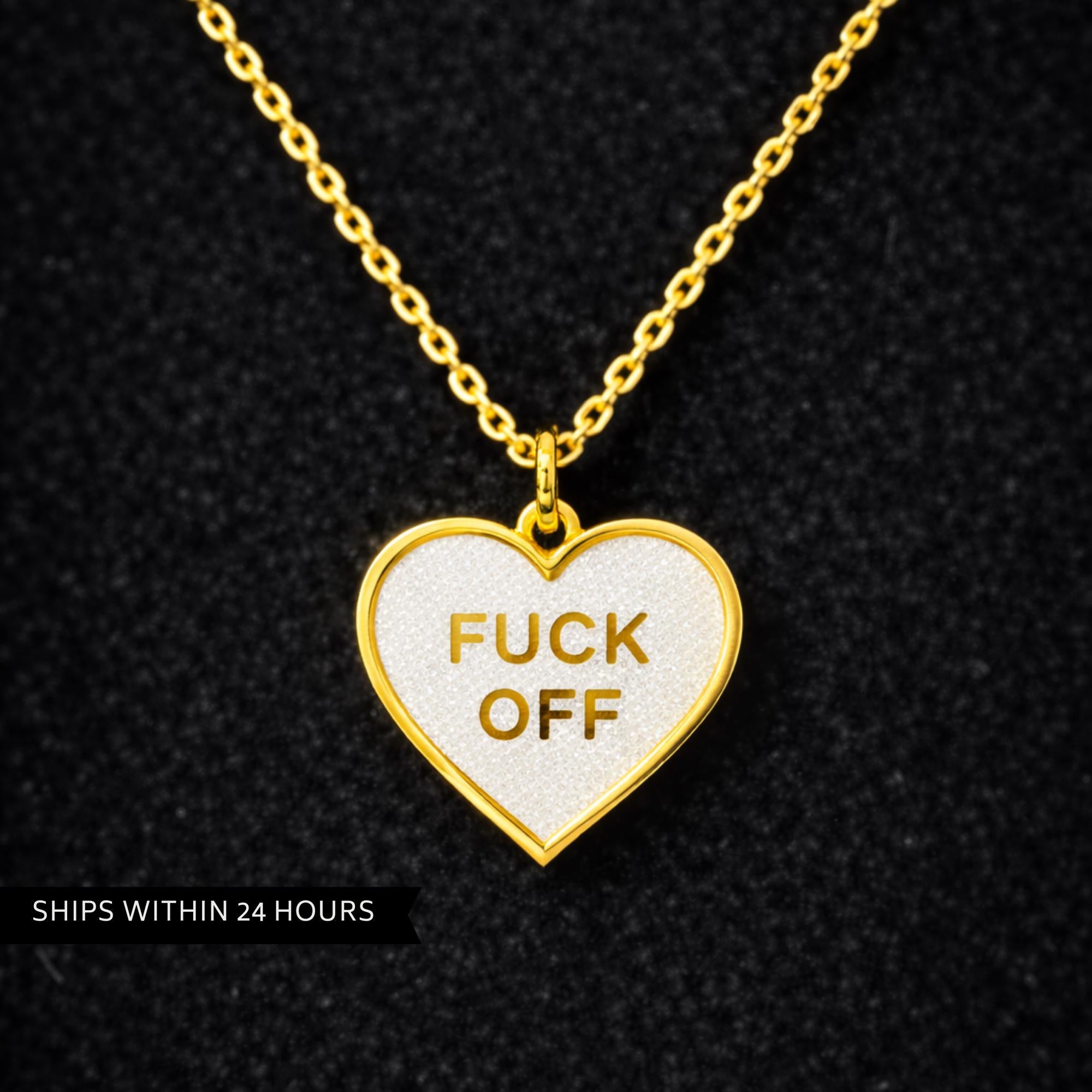 Fuck Off Heart Necklace, Edgy Brass Charm Necklace with 16 Inch Chain