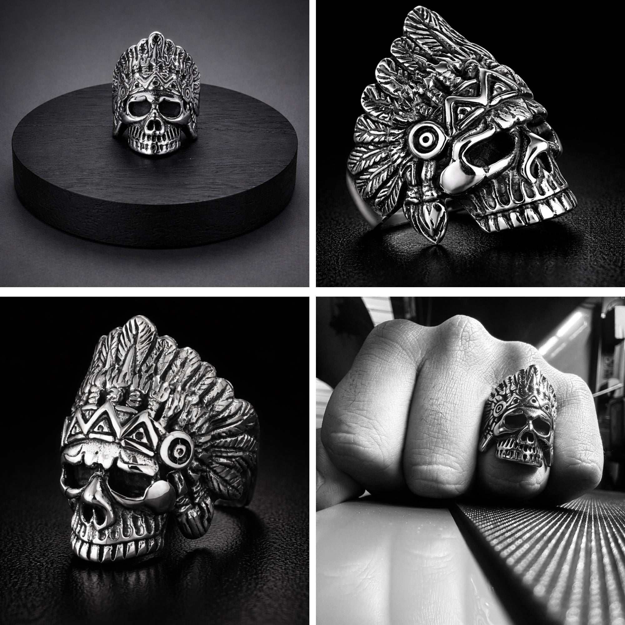 Heavy Skull Biker Ring for Men, Oxidized Stainless Steel Outlaw Statement Ring