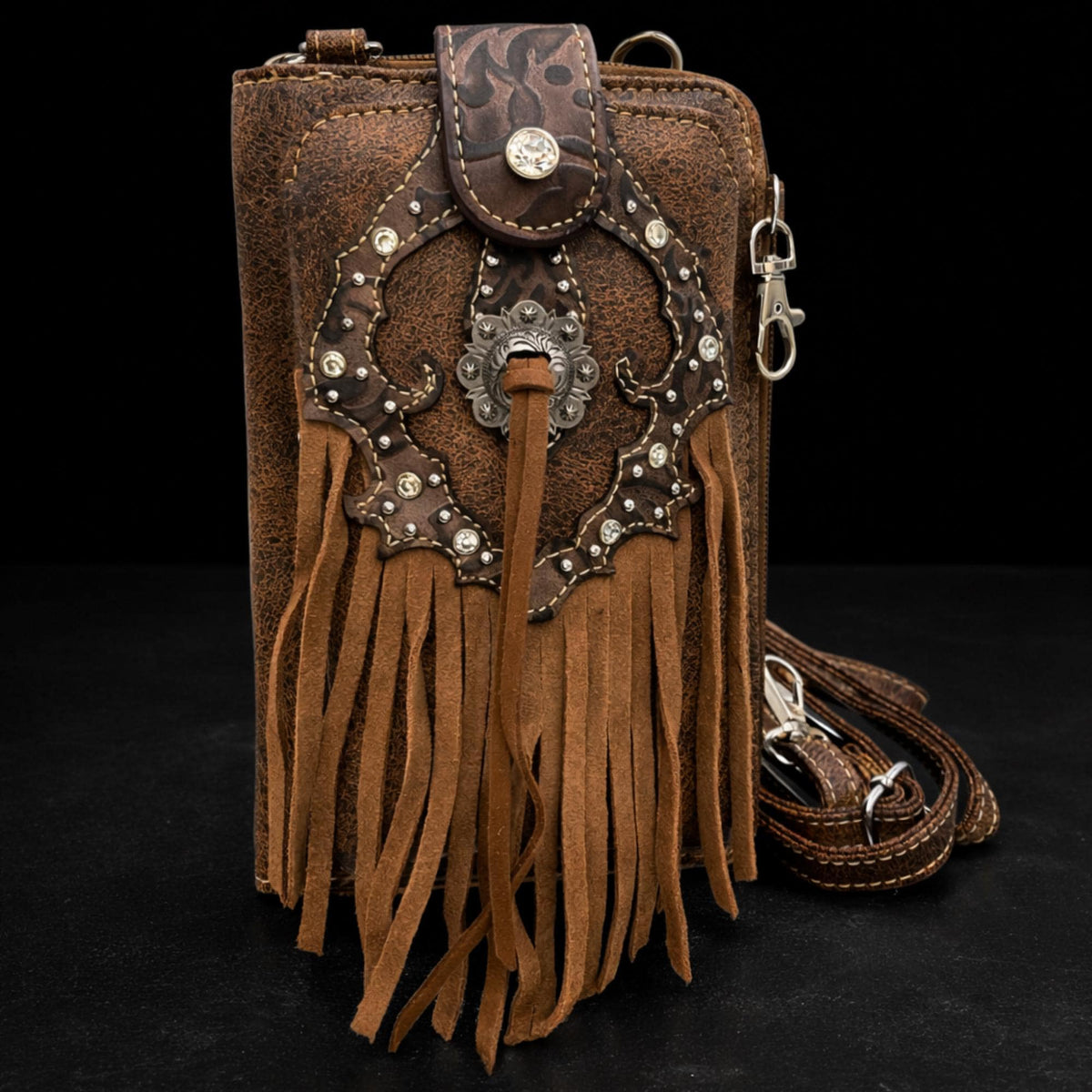 Brown Leather Western Fringe Phone Wallet Crossbody, Cowgirl Statement Accessory