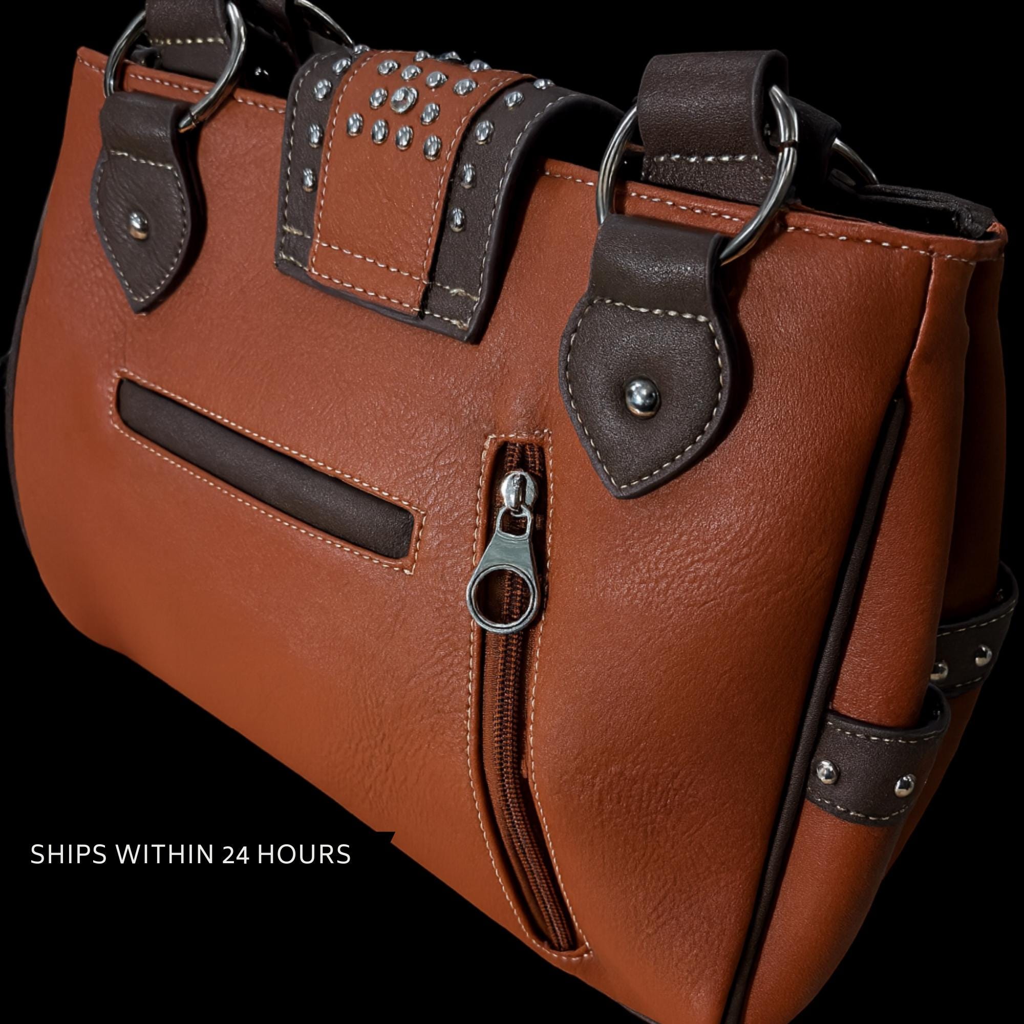 Genuine Leather Western Handbag with Lock, Studded Boho Biker Purse with Concealed Zip Pocket