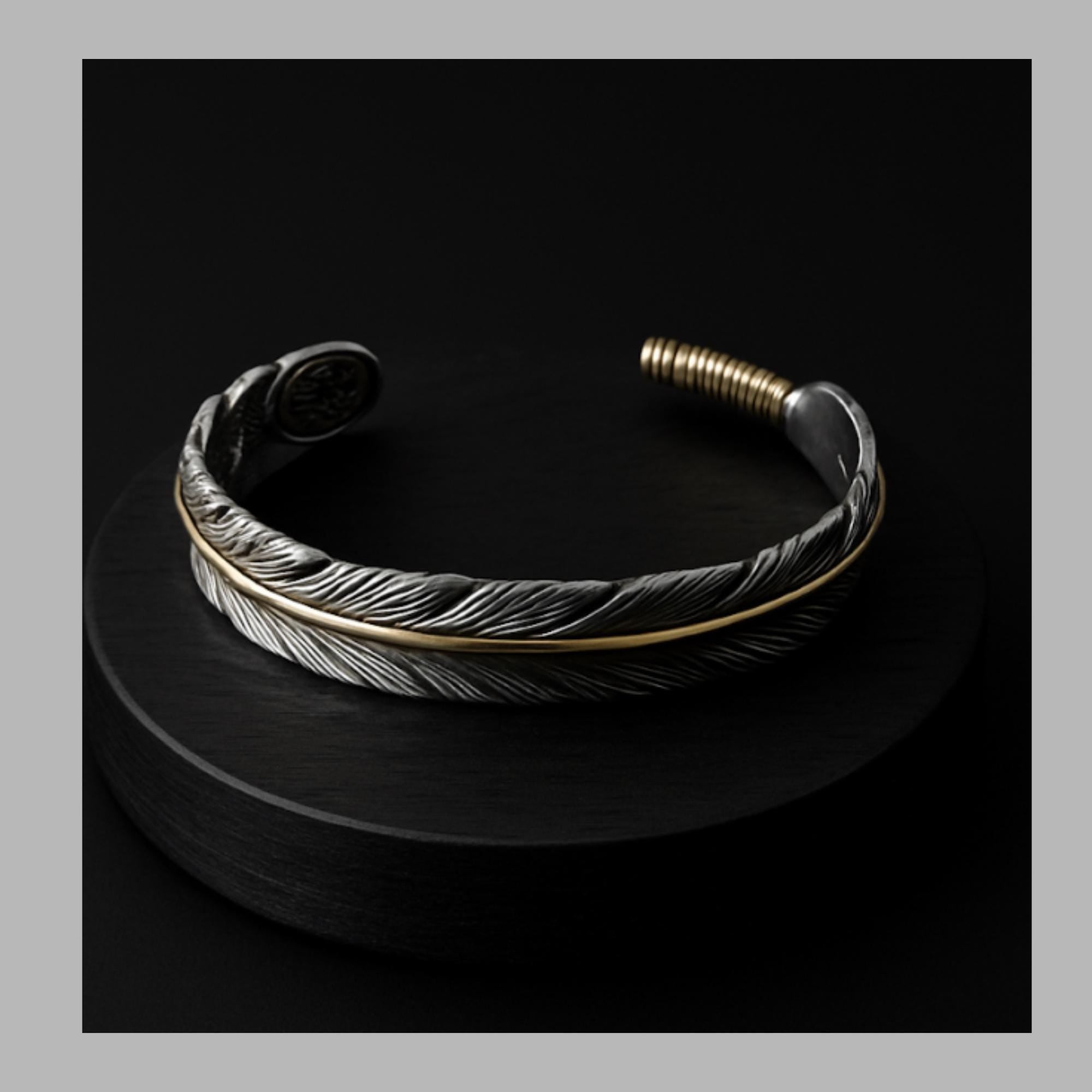 Feather Cuff Bracelet in Stainless Steel with 18K Gold Accent, Adjustable Unisex Statement Jewelry