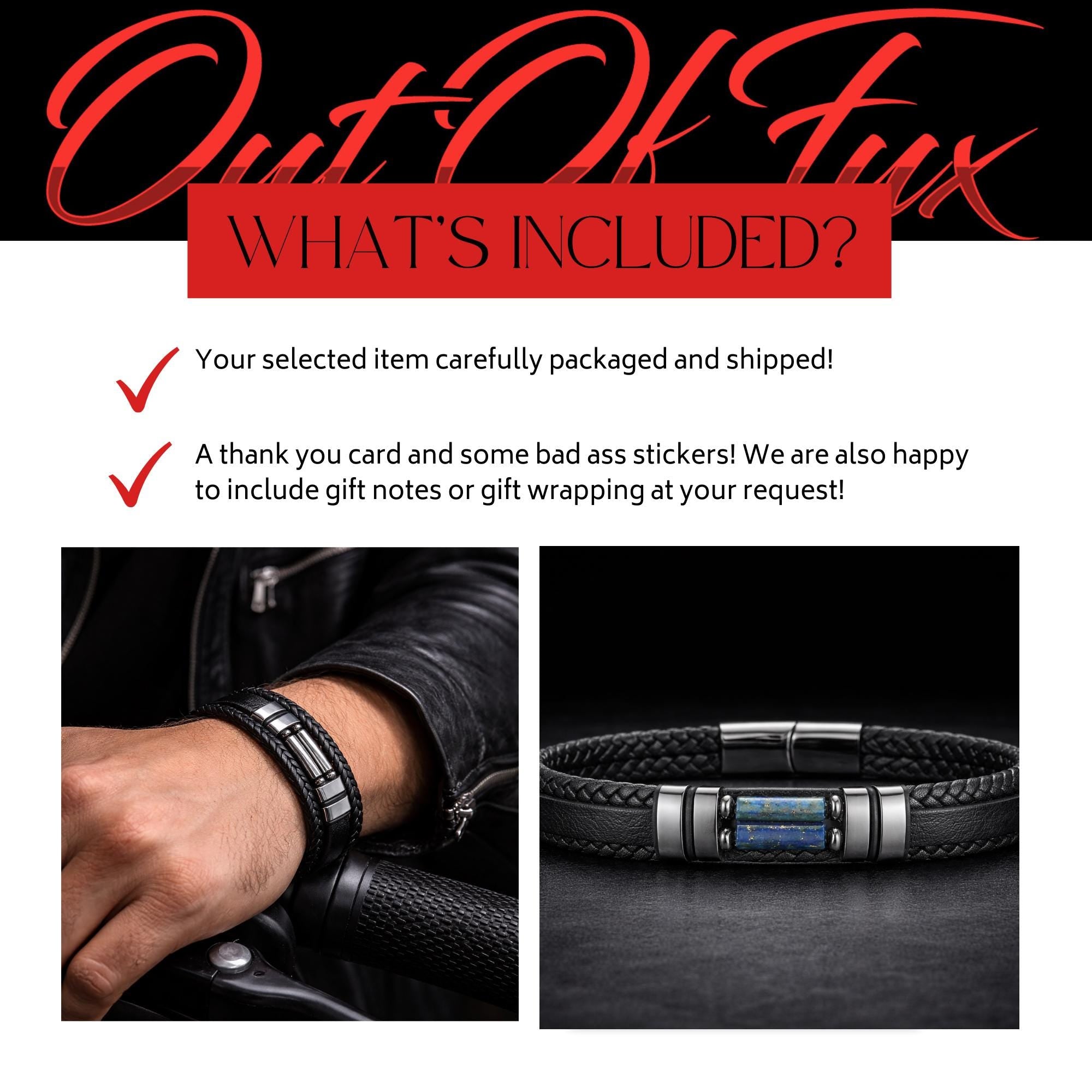 Braided Leather Biker Bracelet for Men, Black Motorcycle Style with Stone Inlay and Magnetic Clasp