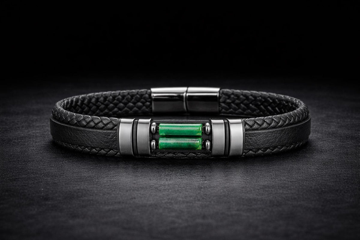 Braided Leather Biker Bracelet for Men, Black Motorcycle Style with Stone Inlay and Magnetic Clasp
