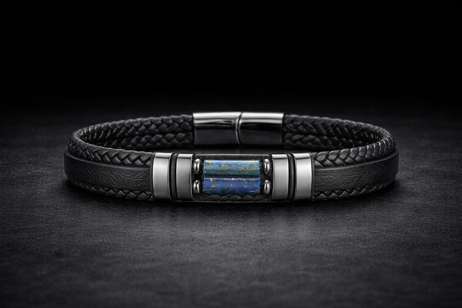 Braided Leather Biker Bracelet for Men, Black Motorcycle Style with Stone Inlay and Magnetic Clasp