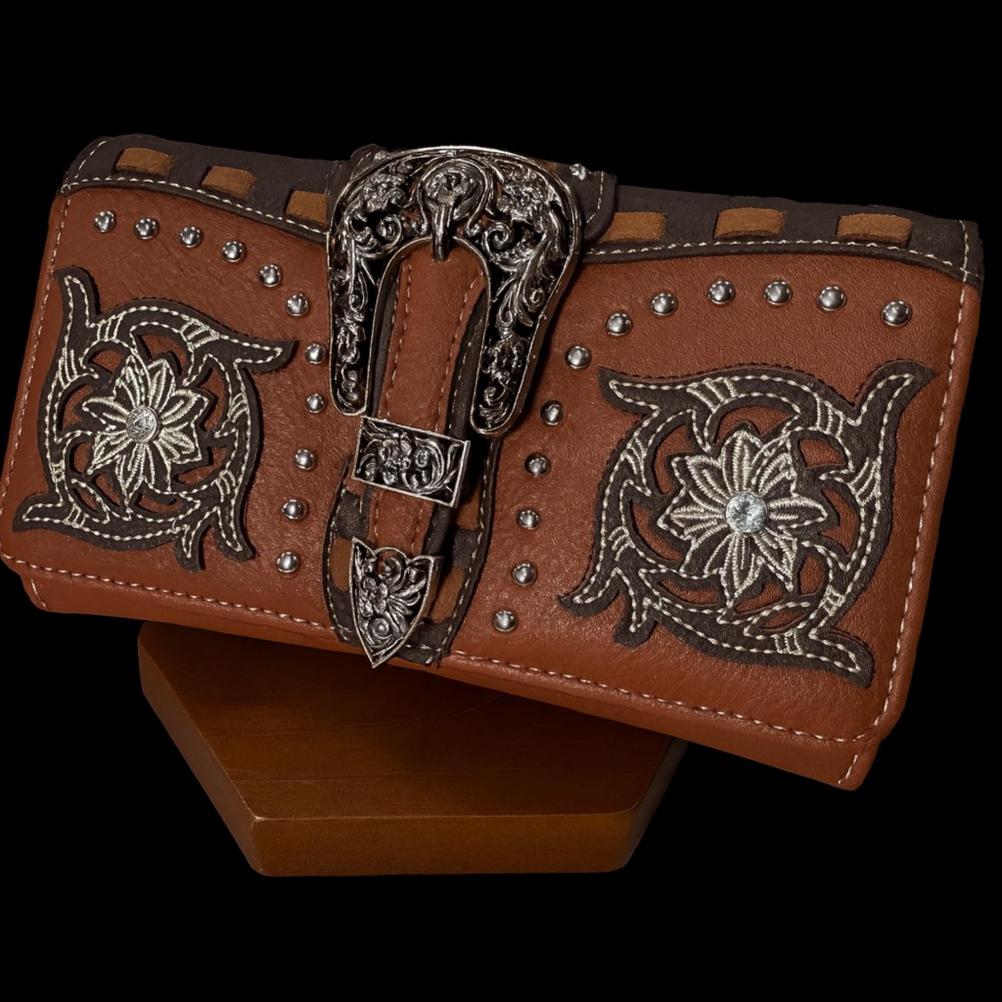 Brown Western Crossbody Wallet: Tri Fold Design with Strap