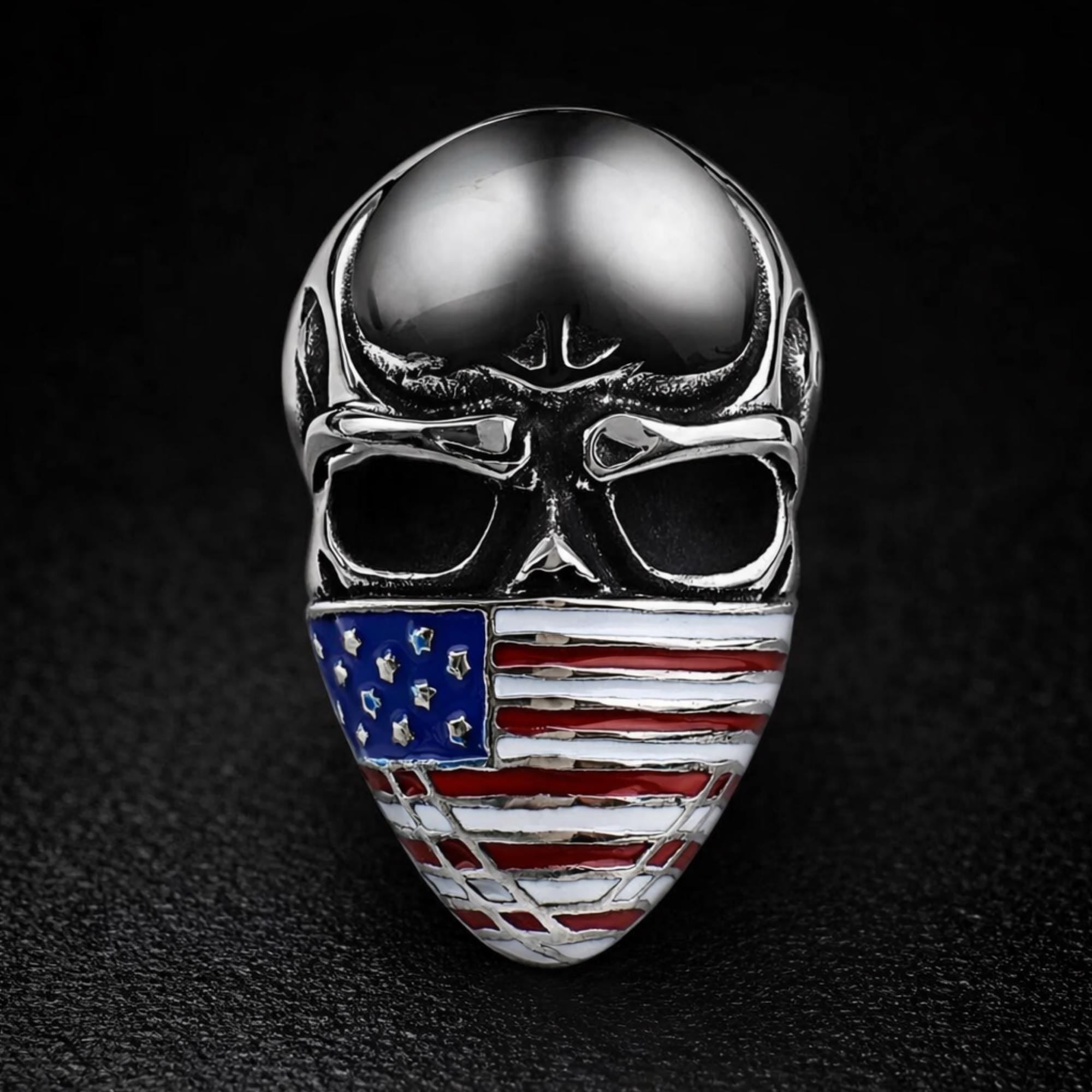 Stainless Steel American Flag Skull Ring for Men