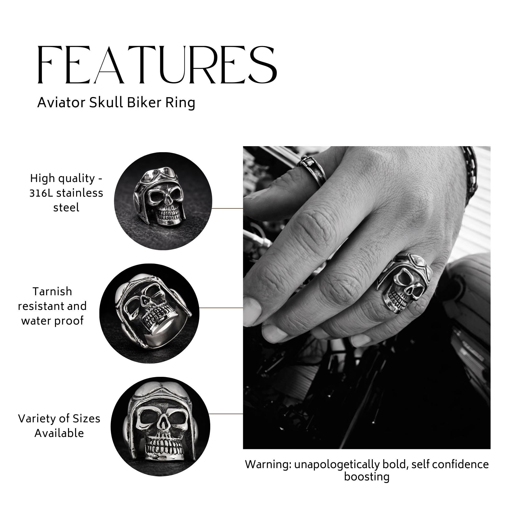 Mens Aviator Skull Ring with Helmet, Heavy Biker Statement Jewelry
