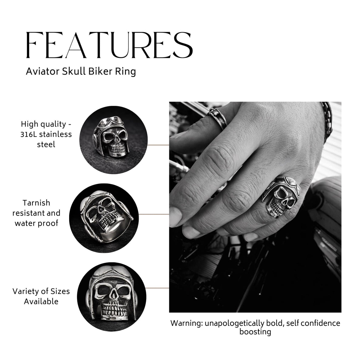 Mens Aviator Skull Ring with Helmet, Heavy Biker Statement Jewelry
